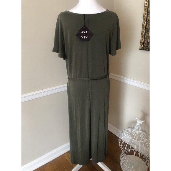 NWT Ava & Viv Size X Olive Green Maxi Midi Dress Short Sleeve Belted - Picture 4 of 8